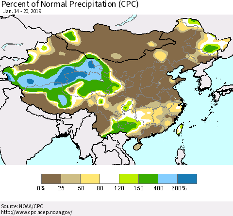 China, Mongolia and Taiwan Percent of Normal Precipitation (CPC) Thematic Map For 1/14/2019 - 1/20/2019