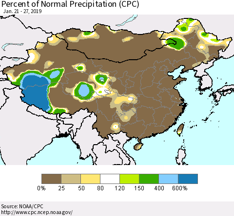 China, Mongolia and Taiwan Percent of Normal Precipitation (CPC) Thematic Map For 1/21/2019 - 1/27/2019