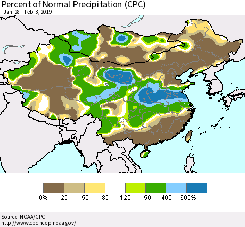 China, Mongolia and Taiwan Percent of Normal Precipitation (CPC) Thematic Map For 1/28/2019 - 2/3/2019