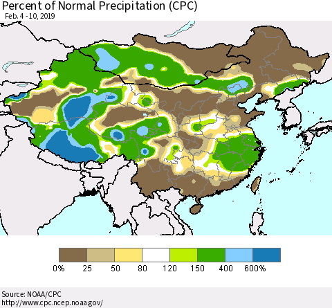 China, Mongolia and Taiwan Percent of Normal Precipitation (CPC) Thematic Map For 2/4/2019 - 2/10/2019