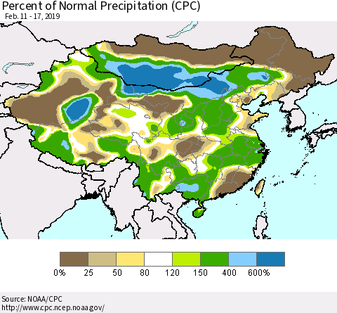 China, Mongolia and Taiwan Percent of Normal Precipitation (CPC) Thematic Map For 2/11/2019 - 2/17/2019