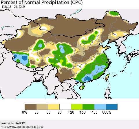China, Mongolia and Taiwan Percent of Normal Precipitation (CPC) Thematic Map For 2/18/2019 - 2/24/2019