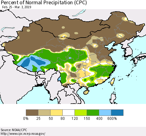 China, Mongolia and Taiwan Percent of Normal Precipitation (CPC) Thematic Map For 2/25/2019 - 3/3/2019
