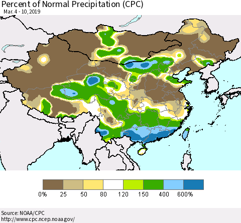 China and Taiwan Percent of Normal Precipitation (CPC) Thematic Map For 3/4/2019 - 3/10/2019