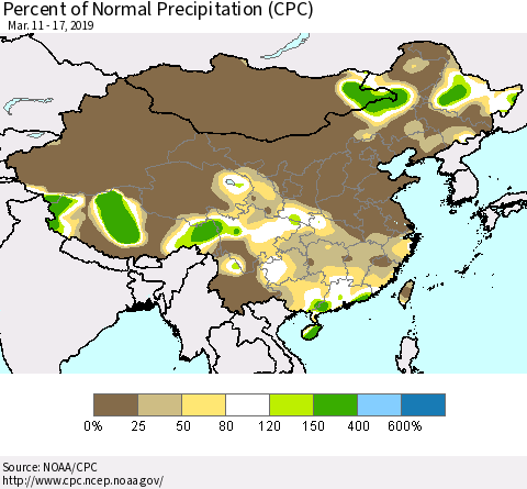 China and Taiwan Percent of Normal Precipitation (CPC) Thematic Map For 3/11/2019 - 3/17/2019