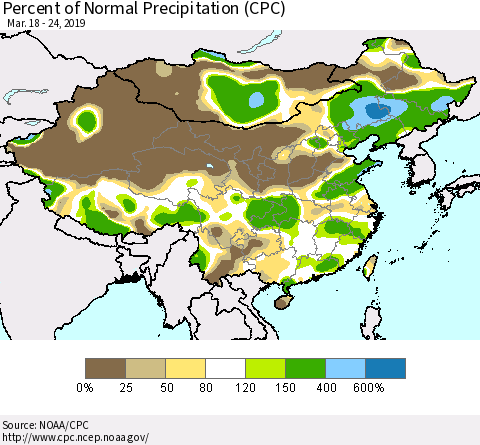 China, Mongolia and Taiwan Percent of Normal Precipitation (CPC) Thematic Map For 3/18/2019 - 3/24/2019