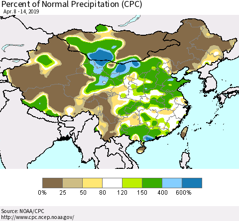 China and Taiwan Percent of Normal Precipitation (CPC) Thematic Map For 4/8/2019 - 4/14/2019