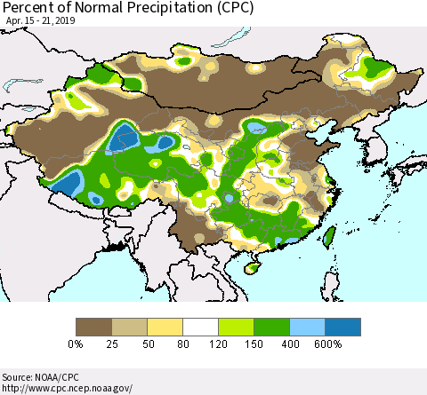 China, Mongolia and Taiwan Percent of Normal Precipitation (CPC) Thematic Map For 4/15/2019 - 4/21/2019