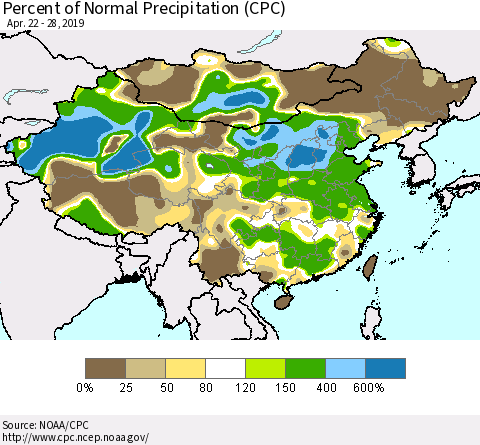 China and Taiwan Percent of Normal Precipitation (CPC) Thematic Map For 4/22/2019 - 4/28/2019
