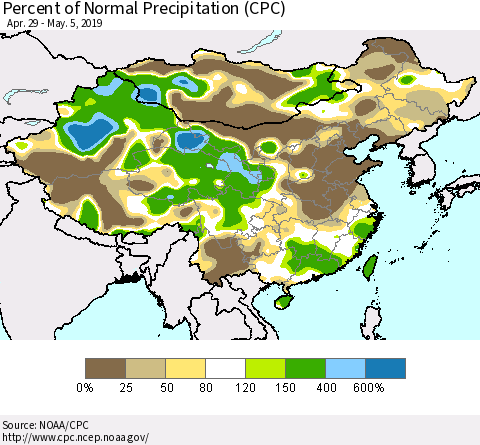 China and Taiwan Percent of Normal Precipitation (CPC) Thematic Map For 4/29/2019 - 5/5/2019