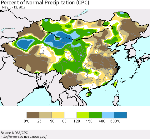 China, Mongolia and Taiwan Percent of Normal Precipitation (CPC) Thematic Map For 5/6/2019 - 5/12/2019