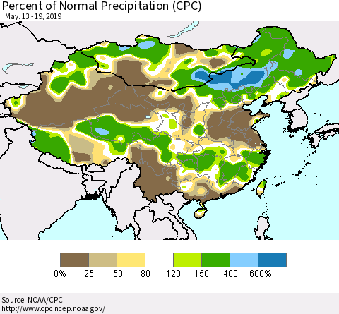 China, Mongolia and Taiwan Percent of Normal Precipitation (CPC) Thematic Map For 5/13/2019 - 5/19/2019