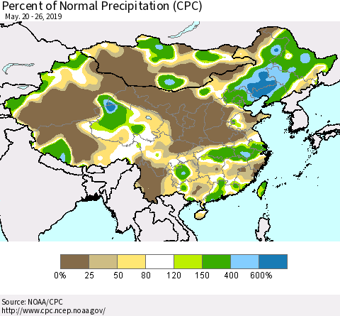 China and Taiwan Percent of Normal Precipitation (CPC) Thematic Map For 5/20/2019 - 5/26/2019