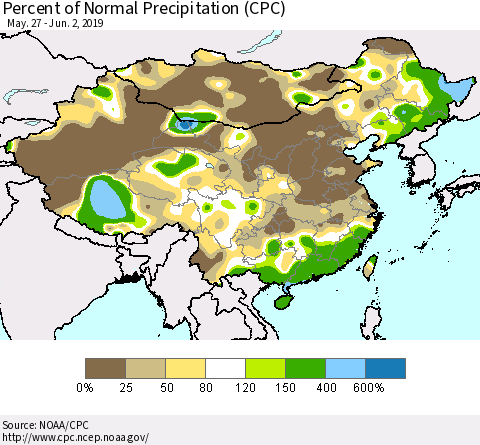 China and Taiwan Percent of Normal Precipitation (CPC) Thematic Map For 5/27/2019 - 6/2/2019