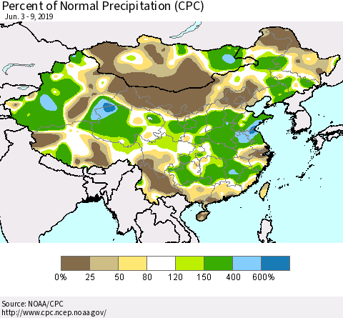 China and Taiwan Percent of Normal Precipitation (CPC) Thematic Map For 6/3/2019 - 6/9/2019