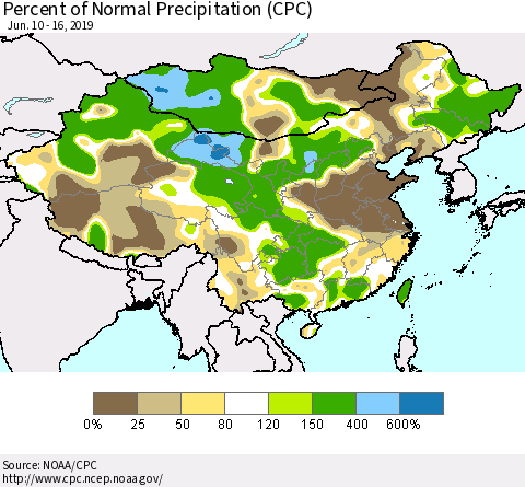 China and Taiwan Percent of Normal Precipitation (CPC) Thematic Map For 6/10/2019 - 6/16/2019
