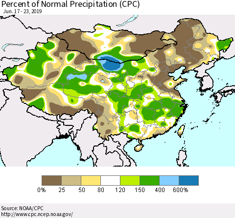 China and Taiwan Percent of Normal Precipitation (CPC) Thematic Map For 6/17/2019 - 6/23/2019