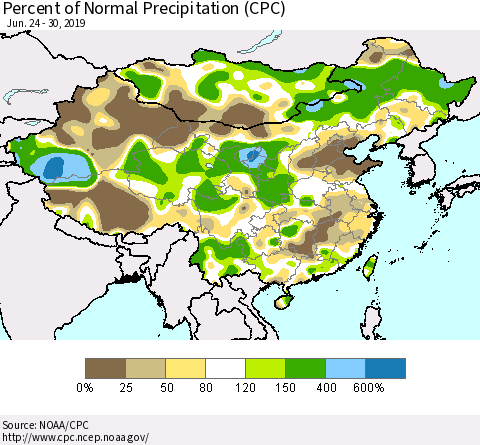 China and Taiwan Percent of Normal Precipitation (CPC) Thematic Map For 6/24/2019 - 6/30/2019