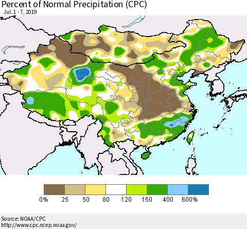 China and Taiwan Percent of Normal Precipitation (CPC) Thematic Map For 7/1/2019 - 7/7/2019