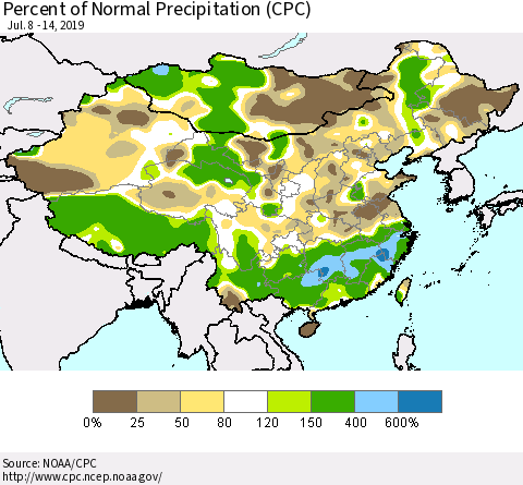 China and Taiwan Percent of Normal Precipitation (CPC) Thematic Map For 7/8/2019 - 7/14/2019