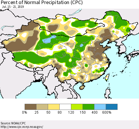 China and Taiwan Percent of Normal Precipitation (CPC) Thematic Map For 7/15/2019 - 7/21/2019