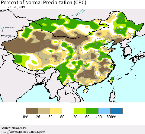 China, Mongolia and Taiwan Percent of Normal Precipitation (CPC) Thematic Map For 7/22/2019 - 7/28/2019