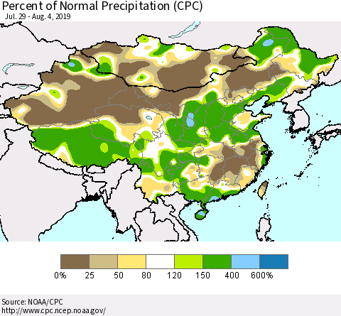 China, Mongolia and Taiwan Percent of Normal Precipitation (CPC) Thematic Map For 7/29/2019 - 8/4/2019
