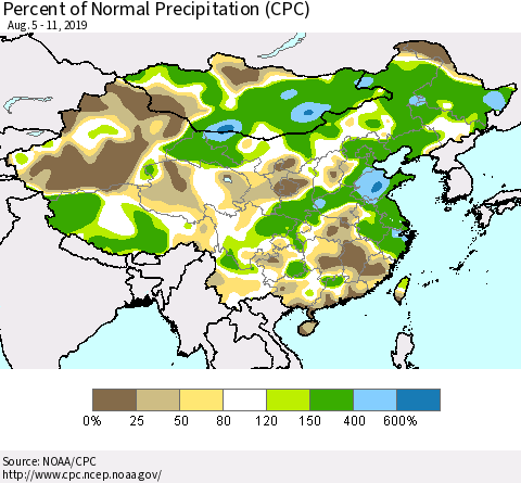 China and Taiwan Percent of Normal Precipitation (CPC) Thematic Map For 8/5/2019 - 8/11/2019