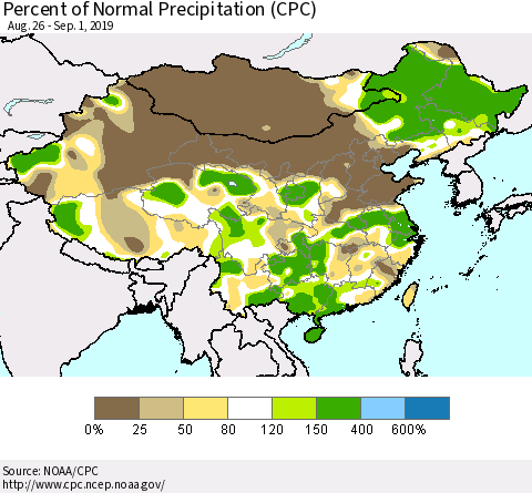 China and Taiwan Percent of Normal Precipitation (CPC) Thematic Map For 8/26/2019 - 9/1/2019