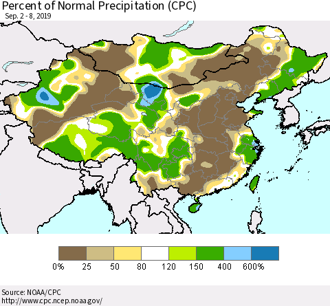 China and Taiwan Percent of Normal Precipitation (CPC) Thematic Map For 9/2/2019 - 9/8/2019