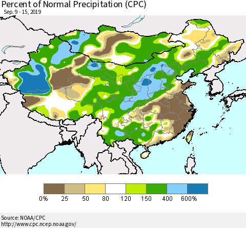 China and Taiwan Percent of Normal Precipitation (CPC) Thematic Map For 9/9/2019 - 9/15/2019