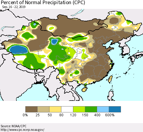 China and Taiwan Percent of Normal Precipitation (CPC) Thematic Map For 9/16/2019 - 9/22/2019