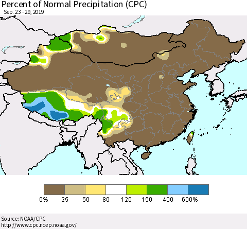 China, Mongolia and Taiwan Percent of Normal Precipitation (CPC) Thematic Map For 9/23/2019 - 9/29/2019