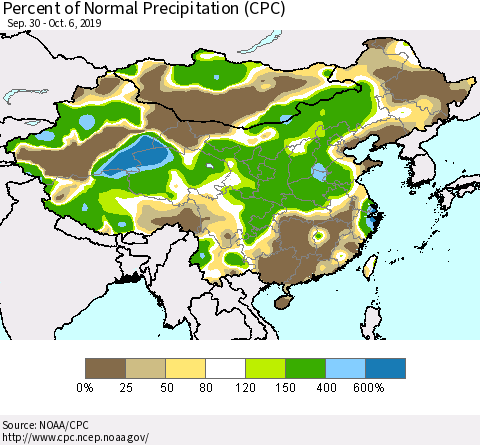 China and Taiwan Percent of Normal Precipitation (CPC) Thematic Map For 9/30/2019 - 10/6/2019