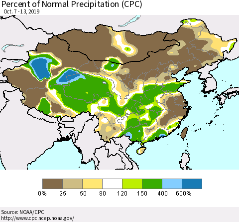 China and Taiwan Percent of Normal Precipitation (CPC) Thematic Map For 10/7/2019 - 10/13/2019