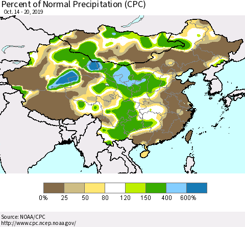 China, Mongolia and Taiwan Percent of Normal Precipitation (CPC) Thematic Map For 10/14/2019 - 10/20/2019