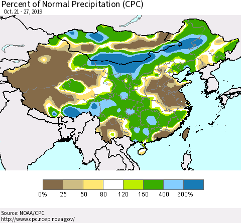 China, Mongolia and Taiwan Percent of Normal Precipitation (CPC) Thematic Map For 10/21/2019 - 10/27/2019