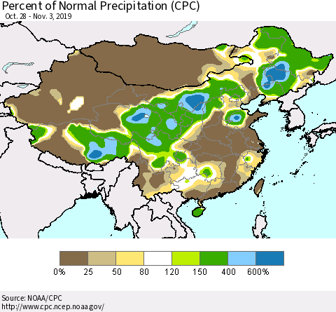 China and Taiwan Percent of Normal Precipitation (CPC) Thematic Map For 10/28/2019 - 11/3/2019