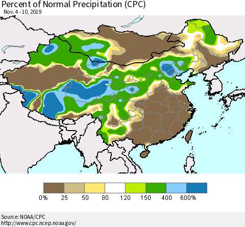 China, Mongolia and Taiwan Percent of Normal Precipitation (CPC) Thematic Map For 11/4/2019 - 11/10/2019