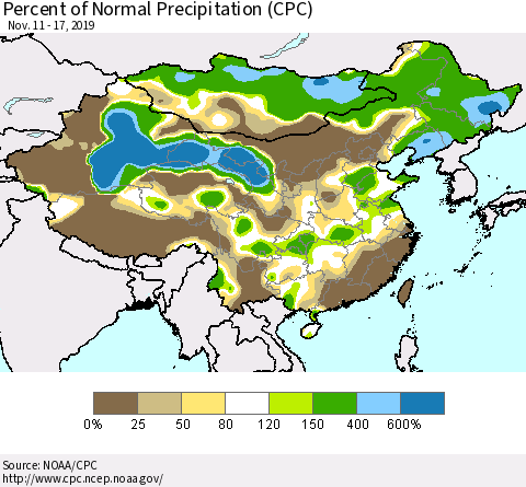 China, Mongolia and Taiwan Percent of Normal Precipitation (CPC) Thematic Map For 11/11/2019 - 11/17/2019