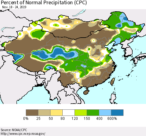 China, Mongolia and Taiwan Percent of Normal Precipitation (CPC) Thematic Map For 11/18/2019 - 11/24/2019