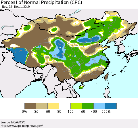 China, Mongolia and Taiwan Percent of Normal Precipitation (CPC) Thematic Map For 11/25/2019 - 12/1/2019