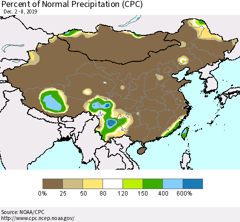 China, Mongolia and Taiwan Percent of Normal Precipitation (CPC) Thematic Map For 12/2/2019 - 12/8/2019