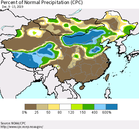 China, Mongolia and Taiwan Percent of Normal Precipitation (CPC) Thematic Map For 12/9/2019 - 12/15/2019