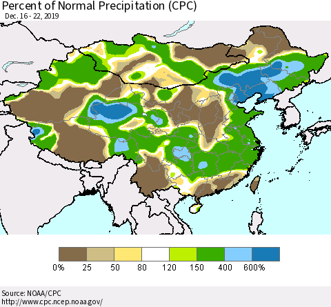 China, Mongolia and Taiwan Percent of Normal Precipitation (CPC) Thematic Map For 12/16/2019 - 12/22/2019