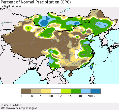 China, Mongolia and Taiwan Percent of Normal Precipitation (CPC) Thematic Map For 12/23/2019 - 12/29/2019