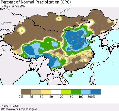 China, Mongolia and Taiwan Percent of Normal Precipitation (CPC) Thematic Map For 12/30/2019 - 1/5/2020