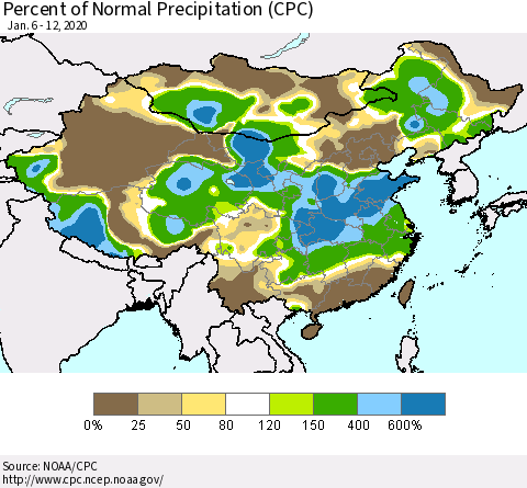 China, Mongolia and Taiwan Percent of Normal Precipitation (CPC) Thematic Map For 1/6/2020 - 1/12/2020
