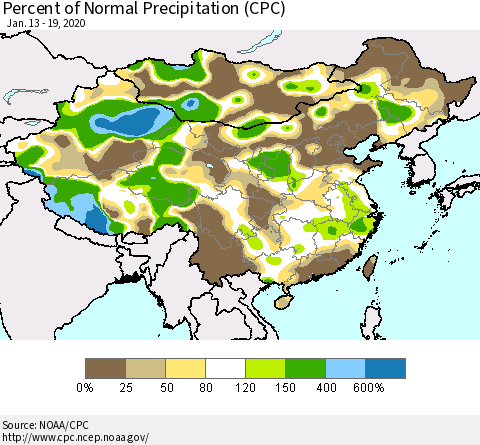 China, Mongolia and Taiwan Percent of Normal Precipitation (CPC) Thematic Map For 1/13/2020 - 1/19/2020