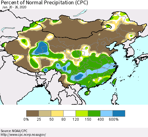 China, Mongolia and Taiwan Percent of Normal Precipitation (CPC) Thematic Map For 1/20/2020 - 1/26/2020